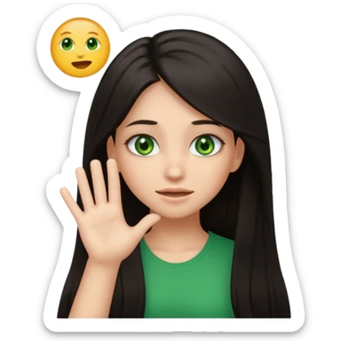 Animated girl dark long hair green eyes emoji with duh facial expression ,one hand on top of her head sticker