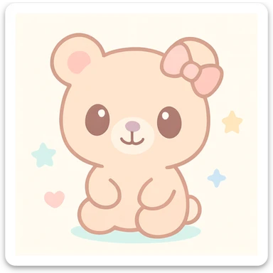 cute bear with a pink bow on one ear, soft friendly style, pastel colors sticker