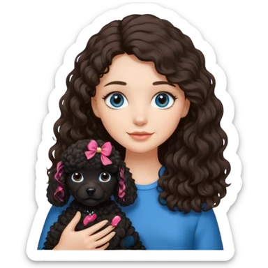Brunette girl with long wavy hair and blue eyes holding black puppy poodle with brown eyes sticker