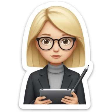 A cute blonde girl emoji in cartoon style as a professional presentation designer. She wears stylish glasses, a modern outfit like a chic blazer or turtleneck, and holds a digital tablet or stylus. She has a concentrated expression with a slight frown. sticker