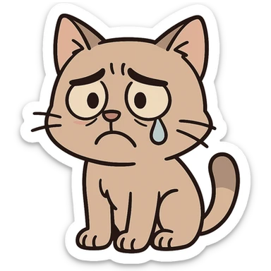 sad cat with a tear, cartoon style sticker