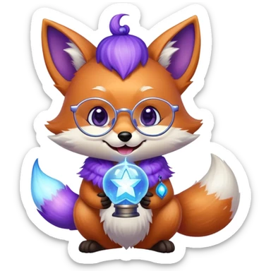 A small magical fox with shimmering purple and blue fur, a glowing fluffy tail, a silver star on its forehead, and round glasses, holding a tiny magical lantern, laughing with tears of joy in its eyes. 🦊😂 sticker