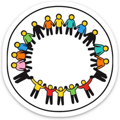 sticker style stick figure humans standing in a circle, holding hands, unity, cheerful sticker
