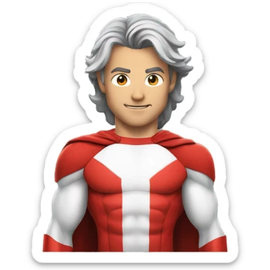 a male canadian superhero wearing red and white clothes including a mapple leaf on his chest with long dark grey hair in a ponytail sticker