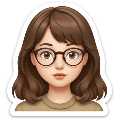 A girl with fair skin, single eyelids, a small nose, a small mouth, thin-framed glasses, bangs,long  brown wavy hair sticker