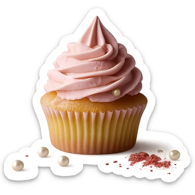 Remove the background, keep only the realistic cupcake with pink icing and accessories, preserve photorealistic style, transparent background. sticker