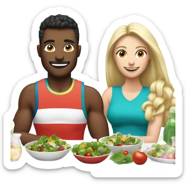 emoji Sporty white couple, man and woman in sportswear, sitting at Christmas festive dinner table only salads. behind them is a Christmas tree sticker