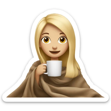 Blond straight hair girl sitting with her cozy coffee  and beige blanket sticker