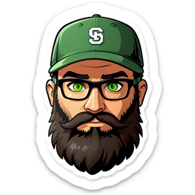 A man with a grey baseball cap, green eyes, big dark brown beard and glasses, gamers headset sticker