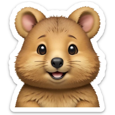 cinematic-realistic quokka-emoji,-small-round-frame, head tilted in an endearing manner, comical smile, round cheeks, giant-fluffy-cheeks-large-smile-fluffy-brown-fur-radiating-a-warm-softness,-big-round-eyes-filled-with-joy, realistic round  fluffy zoomed in, large black eyes one paw raised  sticker
