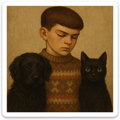 A kid with a chiseled jawline, brown eyes, and flat brown hair facing down, wearing a vintage sweater, standing with a black dog with wavy hair and black eyes, and a black cat with straight hair and green eyes sticker