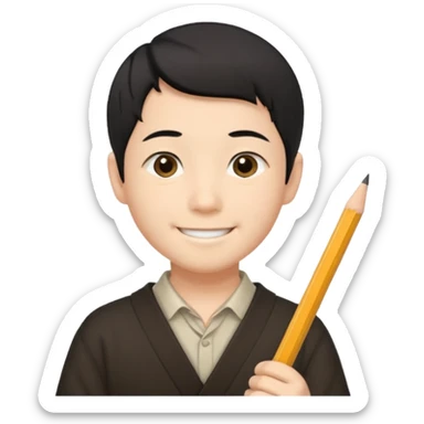 A Japanese male character with short hair, smiling, holding a pencil in his hand. sticker