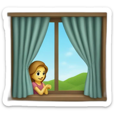 Mujer poniendo cortinas de tela en su ventana sticker