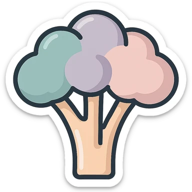 broccoli with large inflorescence, volumetric 2D image, icon-color-outlined style, thin clean contours, soft rounded shapes, pastel palette #98B5BC, #B5B3C1, #C9A3C9, #E4C0CA, #F7DCD1, #F7C0AA, detailed shadows and highlights, soft lighting, transparent background, no decor sticker