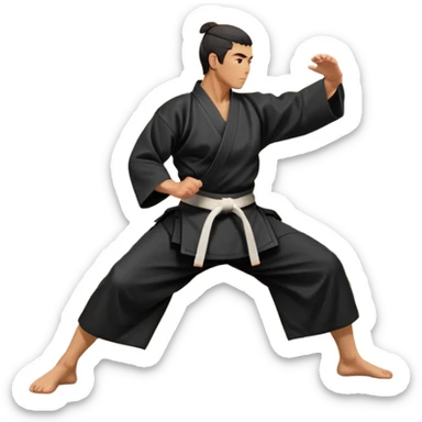An icon depicting an aikido fighter in a black gi, executing a graceful throw in a martial arts dojo. The background features traditional wooden floors, tatami mats, and a serene atmosphere with soft lighting. The focus is on the fighter's precise technique and fluid movement. Transparent background sticker