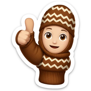 thumbs up fist in brown knit mitten with zig-zag beige pattern, no face sticker