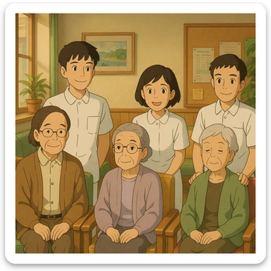 Four nursing students inspired by provided faces, wearing complete white short-sleeve uniforms without stethoscopes, accompanying elderly seated patients, Ghibli style, friendly waiting room decor. sticker