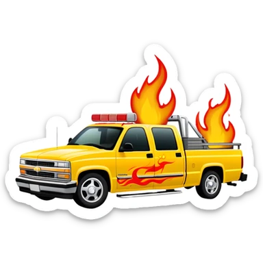 1997 yellow Chevy C-2500 Crew Cab with intricate airbrushed red flame design spreading across front, realistic flame artwork like in Kill Bill movie, 30-degree view, iOS emoji style sticker