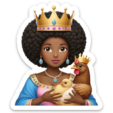 Una reina negra de piel oscura usando corona en su cabello afro dado de comer pollo a su niño de 8 meses que está feliz, ella está vestida de rosado y el bebé está vestido de azul y beige sticker