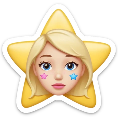 A cute emoji-style young woman with a small pimple on her cheek covered by a colorful pimple patch shaped like a star or heart,The sticker is glossy and pastel-colored (pink, yellow, blue). sticker