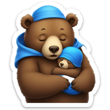 Big brown bear sleeping with a blue sleeping cap on cradling a baby bear cub who is also sleeping sticker