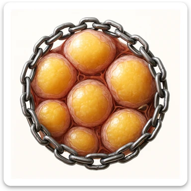 hyper realistic 4K cross section of adipocytes surrounded by chains preventing fat release, membrane details, white background sticker