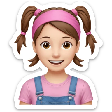 white woman with brown hair  tied together with one elastic pony tail. wearing a light pink thin width headband, Has a pink t-shirt with denim overalls. enthusiastic expression with big smile sticker