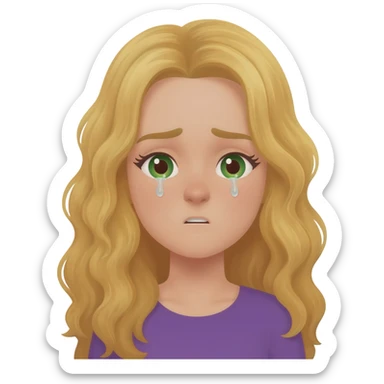 lady with long wavy blonde hair, purple top, green eyes, sneezing with tearful eyes sticker