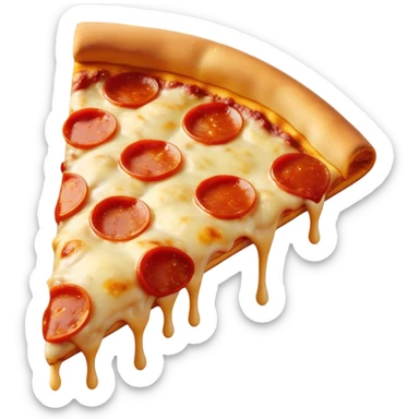 Cinematic cheesy pizza slice, gooey melted cheese stretching as a bite is taken, crispy golden crust, rich tomato sauce, vibrant toppings, warm glowing background, inviting and delicious. sticker
