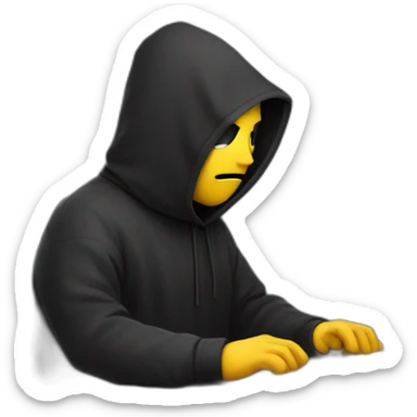 A sad Developer with a black hood behind his computer and taping on his keyboard sticker