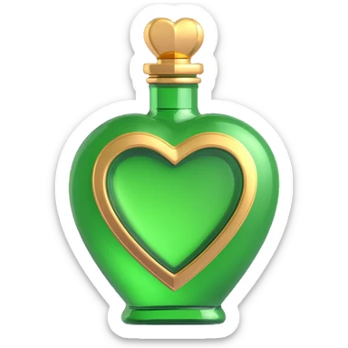 luxurious heart-shaped bottle with golden details, main color rich #c0ff53 green, shiny, decorative, stylish, magical elixir bottle, 3D effect sticker