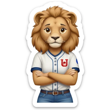determined anthropomorphised female lion in a baseball shirt and jeans with arms folded sticker