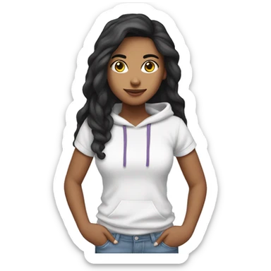 chica latina con cabello negro lacio largo y con camiseta defondo blanca y hoodie lila sticker