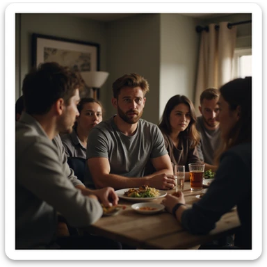Man complaining dramatically in front of a group of friends, looking at them to see if they are listening, friends exchanging bored or annoyed glances, domestic environment, hyperrealistic 4K details sticker