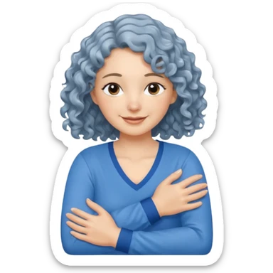 silver, wavy/curly hair chin-length lady giving hug with 2 arms, blue v-neck and smiling sticker