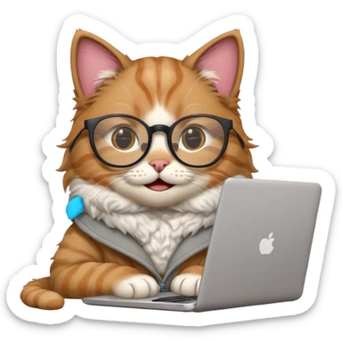 cat smiling in glasses with laptop sticker
