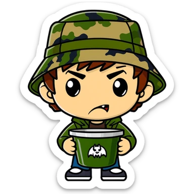 Vampire with brown hair and green eyes earring a camo bucket hat  sticker