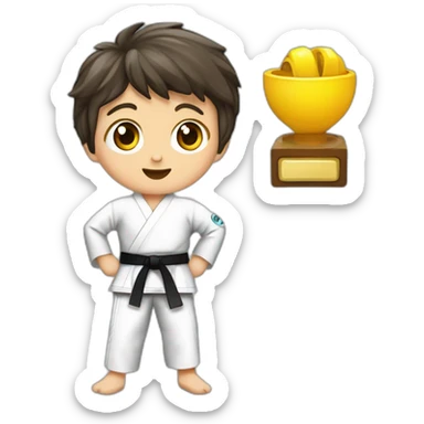 un niño de 8 años trigueño cpn pelo ondulado y ojitos achinadospracticando taekwondo solo cabeza sticker