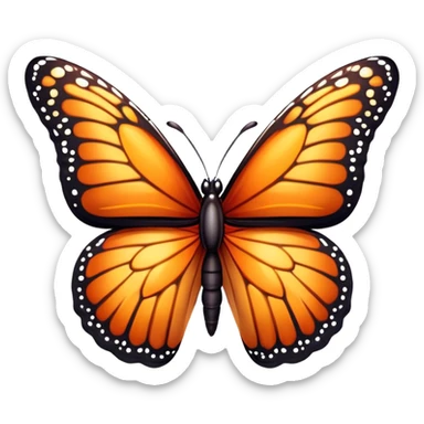 Cinematic Realistic Cute monarch Butterfly Portrait Emoji, Head tilted playfully and inquisitively, featuring vibrantly patterned ruby wings with intricate detailing and a charming, petite body with round, sparkling eyes full of warm curiosity, rendered with lifelike precision and natural highlights, high shine, affectionate and spirited, styled with a touch of whimsical garden delight, soft glowing outline, capturing the essence of a mischievous yet lovable monarch butterfly that seems poised to flutter playfully into your arms! sticker