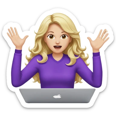 lady with long blonde wavy hair, purple top throwing her with a laptop hands in the air screaming sticker