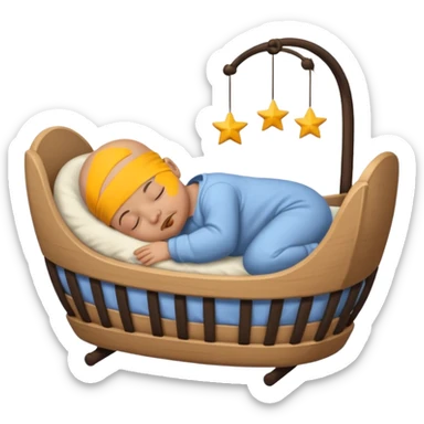 a bald baby with a black goatee sleeping in a cradle sticker