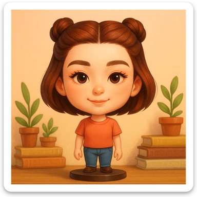 Create a bobblehead style portrait of the girl from the provided image, featuring a large head, cute features, and a soft pastel background. The style should be a digital illustration matching the bobblehead style with a charming and playful look. sticker