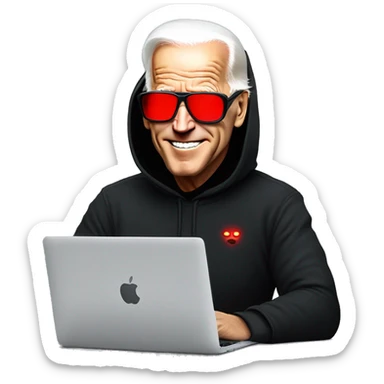 joe biden in a black hoodie with bright red glowing laser eyes typing on a macbook, joe biden sticker