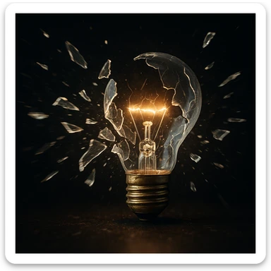 a shattered lightbulb with glass fragments flying outward, dynamic composition sticker