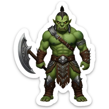 Cinematic Realistic WoW Orc Warrior Portrait, captured in a dynamic, battle-ready stance, muscles bulging beneath intricately detailed tribal armor accented with dark leather and iron. His fierce, determined eyes and battle-scarred green skin are rendered with dramatic natural lighting and high shine, exuding raw, relentless fury in a fierce combat pose. sticker