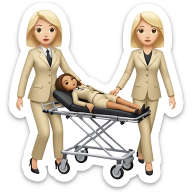 2 woman in pants suits pushing a stretcher whit a body bag on  sticker