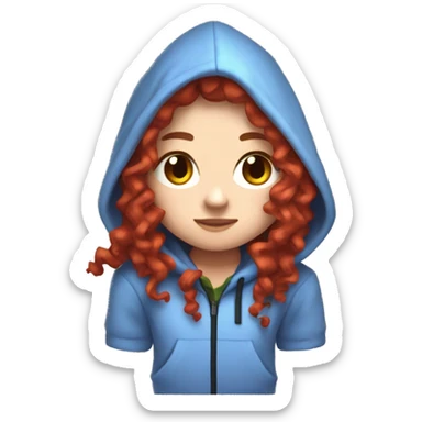 a white girl with long red curly hair, wearing periwinkle Minecraft hoodie playing a videogame sticker