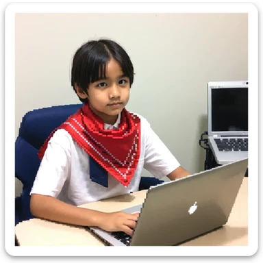 Soviet young pioneer with red neckerchief sitting at a laptop computer sticker