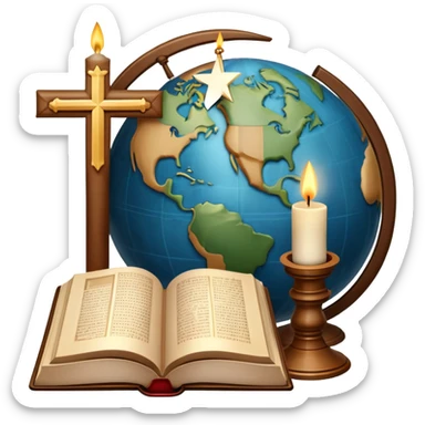 An icon featuring a holy book, a candle, and a cross, symbolizing religious studies. The design includes a globe with various religious symbols: a crescent moon and star (Islam), a lotus flower (Buddhism), representing global belief systems. Transparent background. sticker