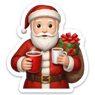 Санта клаус с мешком подарков за спиной и кружкой какао в руке sticker